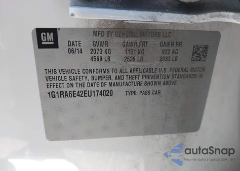 2014 Chevrolet Volt z USA, uszkodzony, nr VIN 1G1RA6E42EU174020